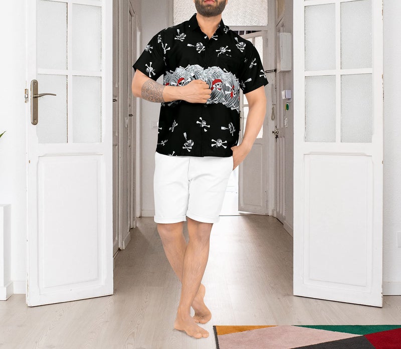 LA LEELA Men's Halloween Hawaiian Short Sleeve Button Up Beach Caribbean Shirt Fashion Pirate Cruise Shirts for Men XL Skull Crossbones Black - Image 3
